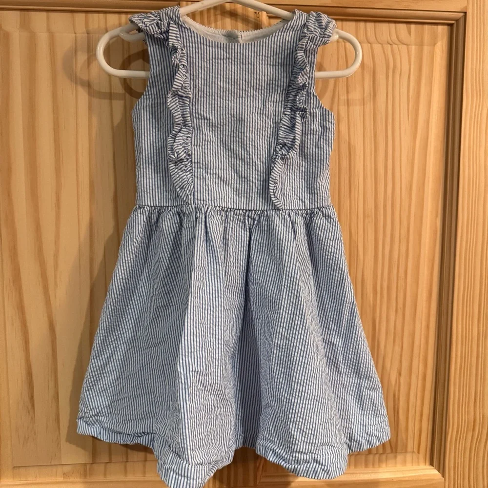 Hope & Henry Girl Blue White Seersucker Ruffle Open Back Organic Cotton Dress 2T